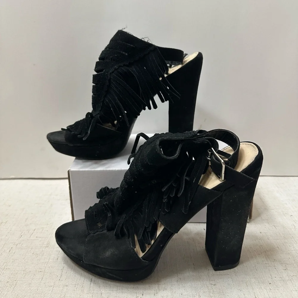 Bar III Black Fringe Block Heels - Picture 4 of 10
